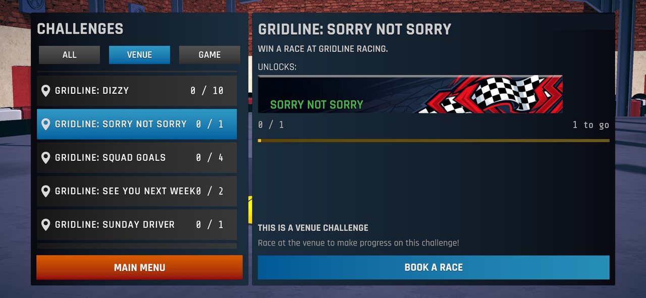 The app's challenges list, with a venue challenge that unlocks a banner and a Book a Race button