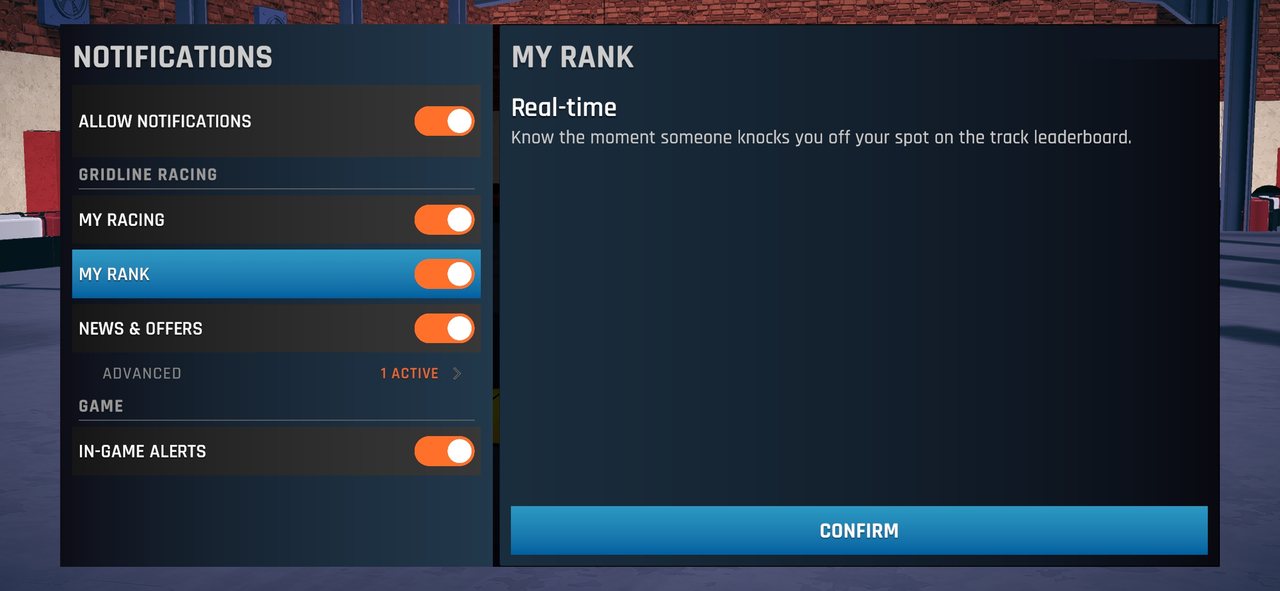The app's notification settings: My Racing, My Rank and News & Offers for the venue